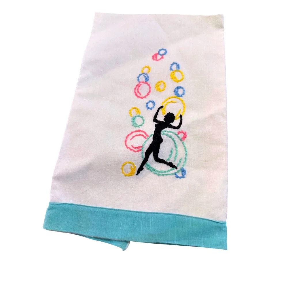 VTG Hand Embroidery‎ Guest Towel Circus Juggler Silhouette Aqua Trim Mid Century